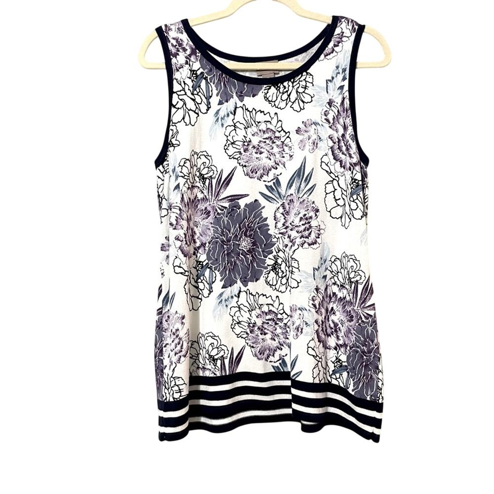 Chicos White Blue & Purple Floral Print Sleeveless Top Womens M Sweater Knit